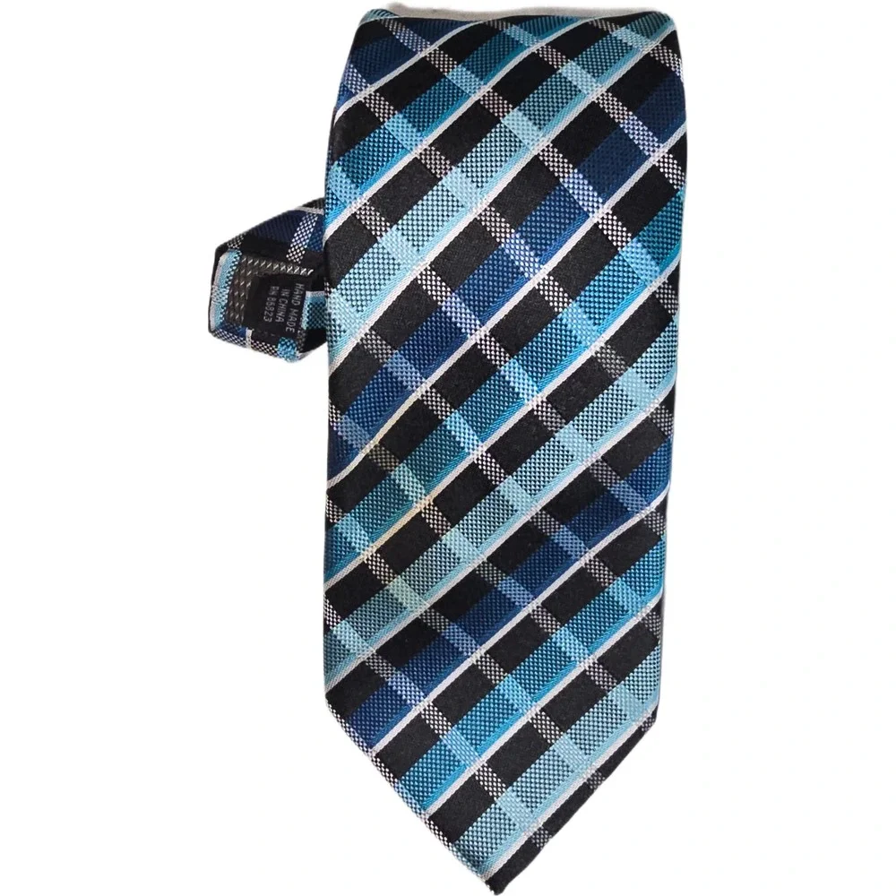 Colours Alexander Julian Mens Blue Black Plaid Diagonal Stripe Hand Made Tie